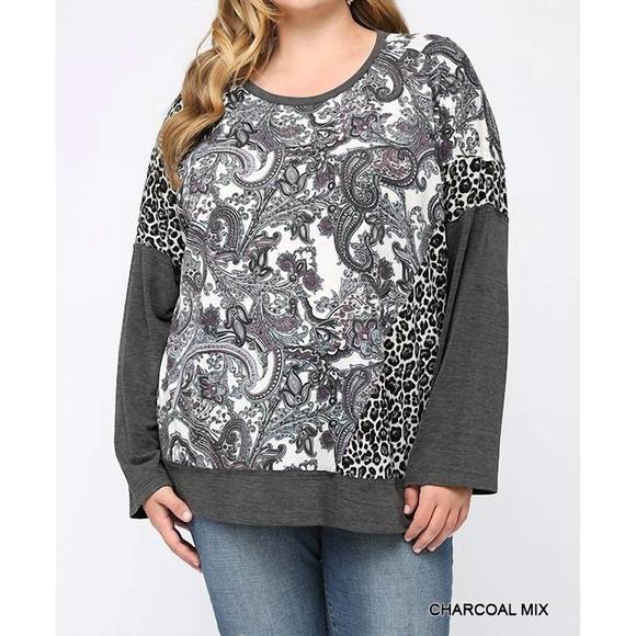 NEW GIGIO pasley leopard color block top in charcoal mix - Picture 1 of 3